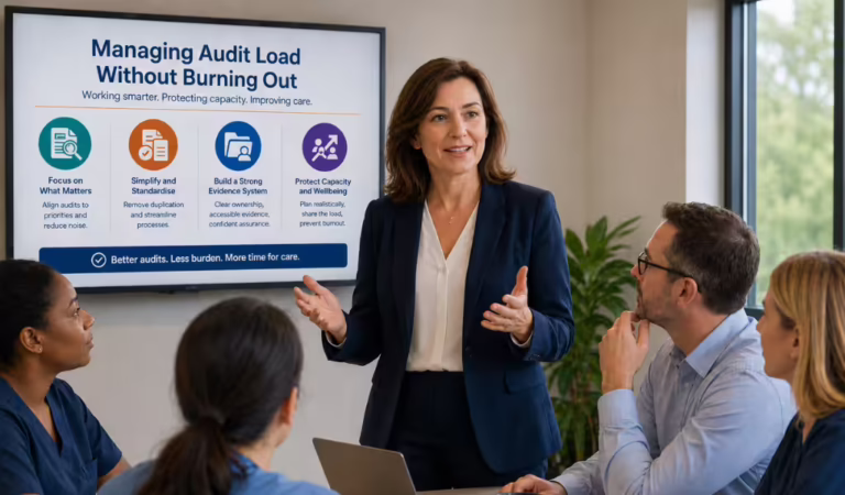 Woman presenting to a small team in a meeting room, standing beside a screen displaying “Managing Audit Load Without Burning Out” while colleagues listen and take notes.