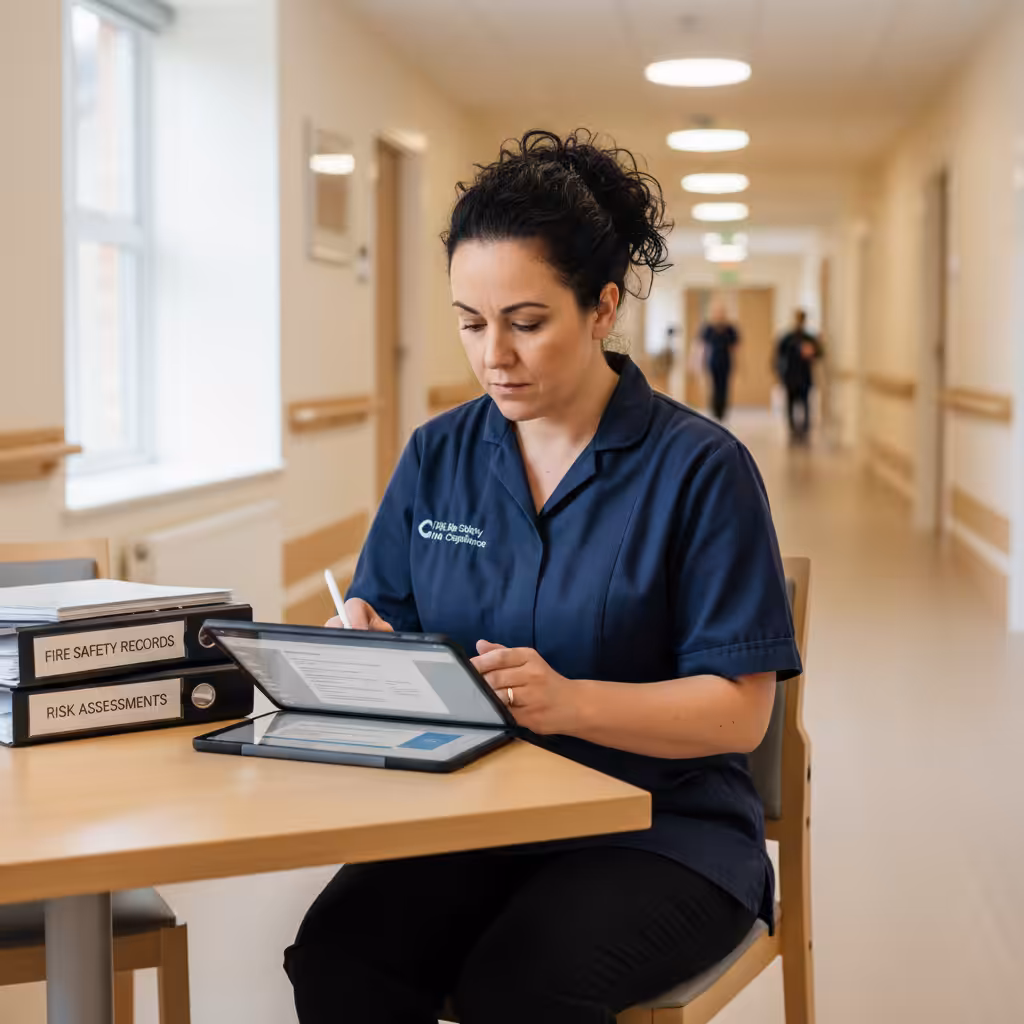 A person reviewing fire safety compliance documents in a care home.