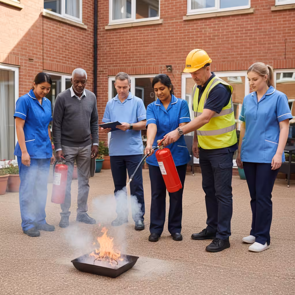 Care home staff learning to use a fire extinguisher during training.