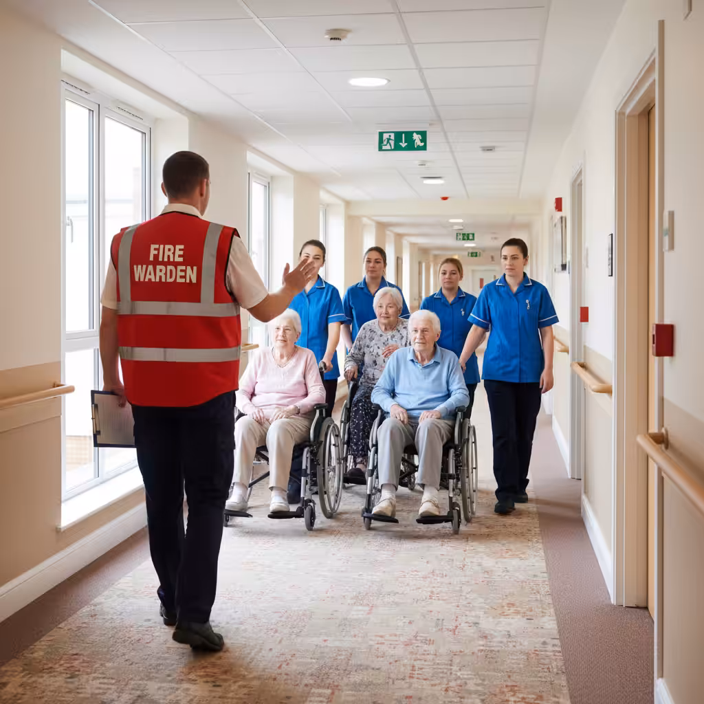 A fire warden leading residents and staff in a fire evacuation drill.