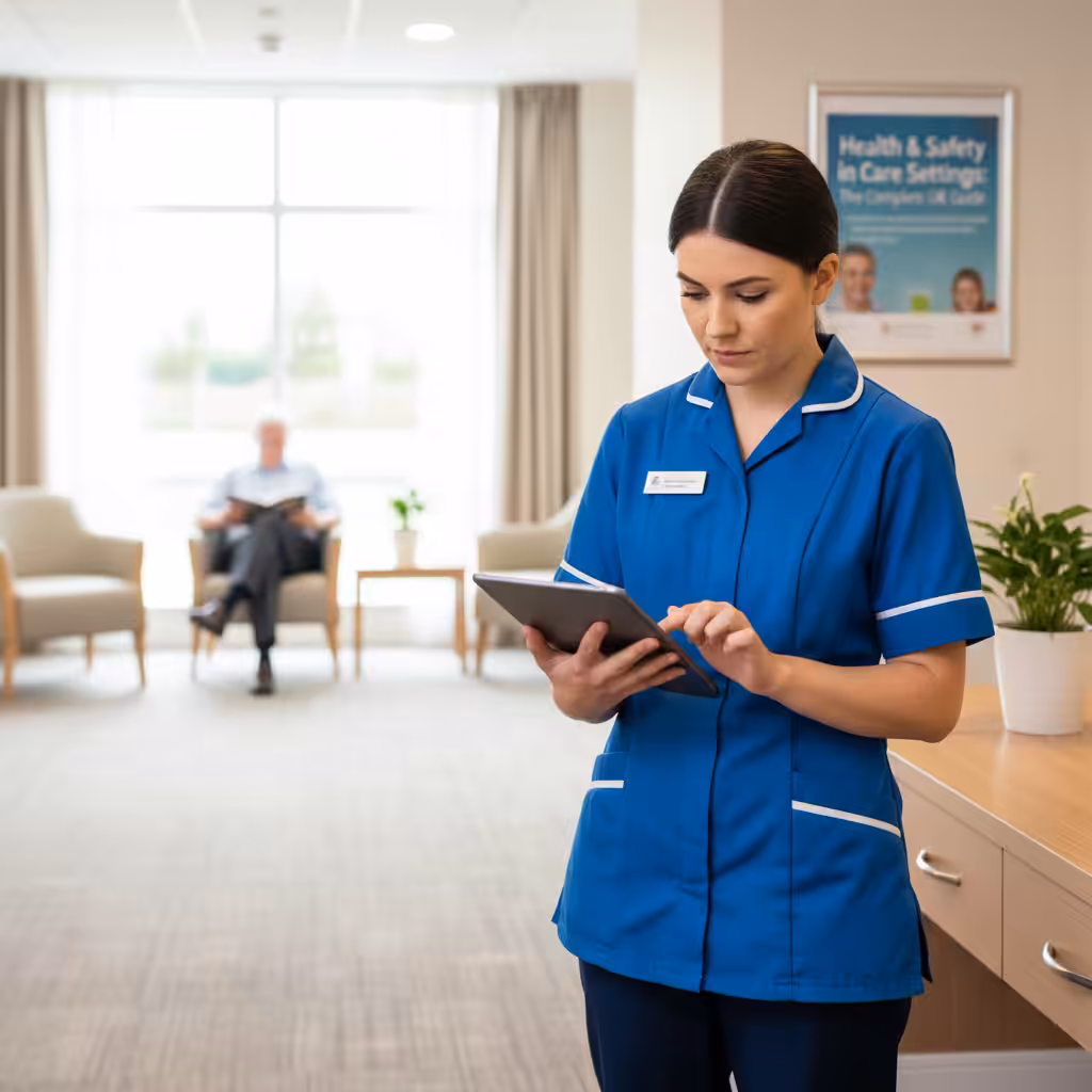 A care worker reviews a risk assessment on a tablet in a care home.
