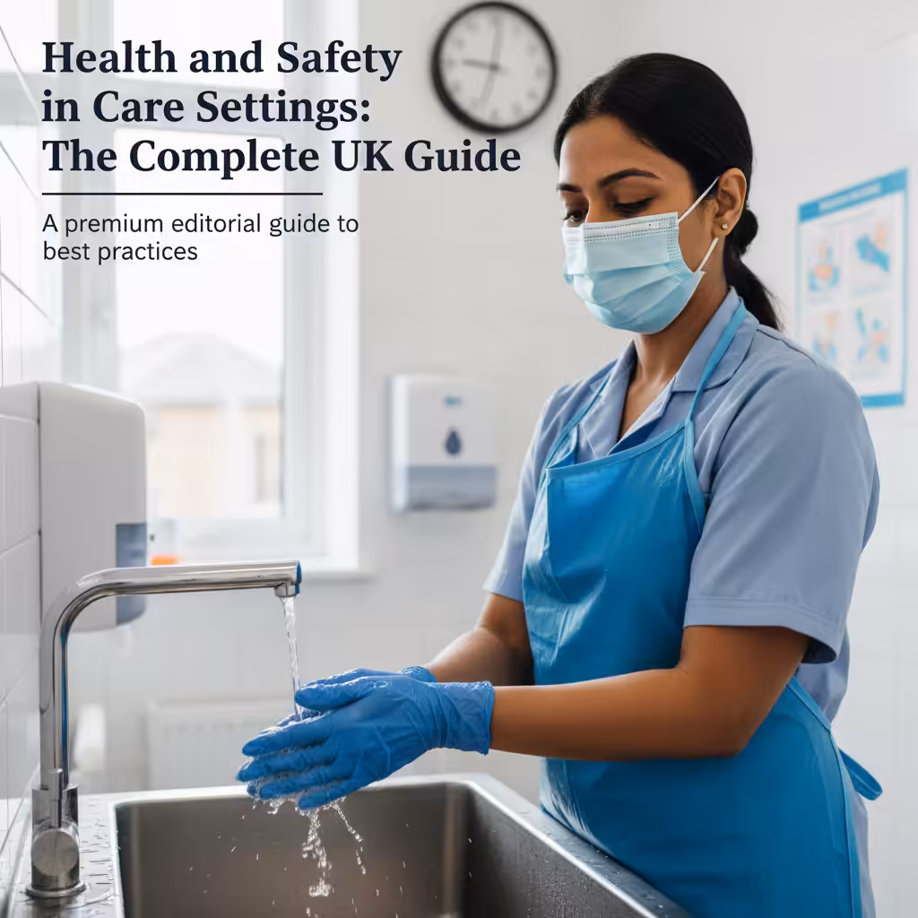A care professional demonstrates hand hygiene in a clinical setting.