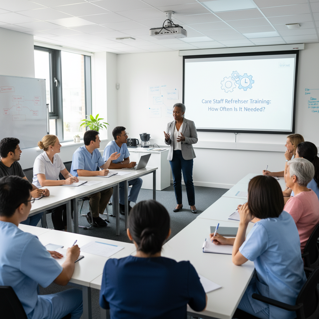 Professional care staff attending an annual refresher training session in a classroom.