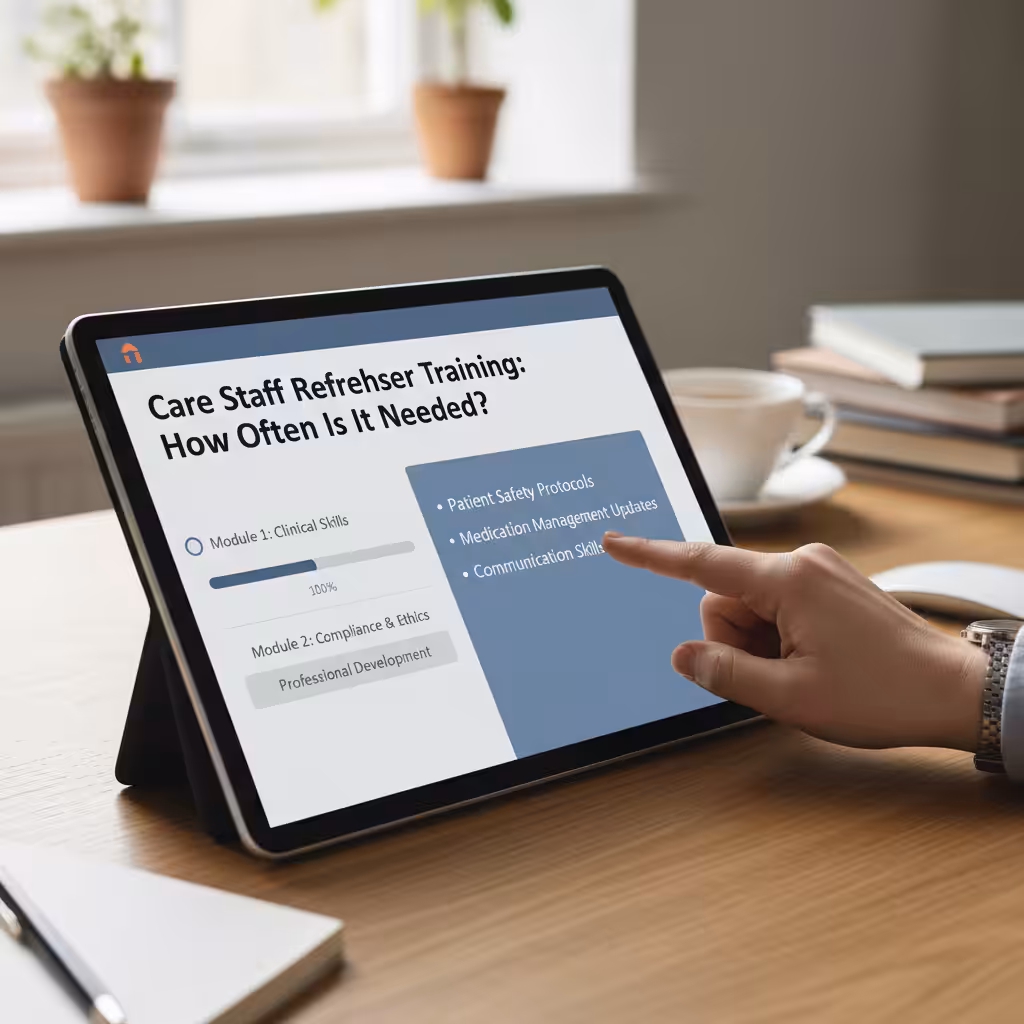 Digital training module on a tablet showing key topics for refresher training.