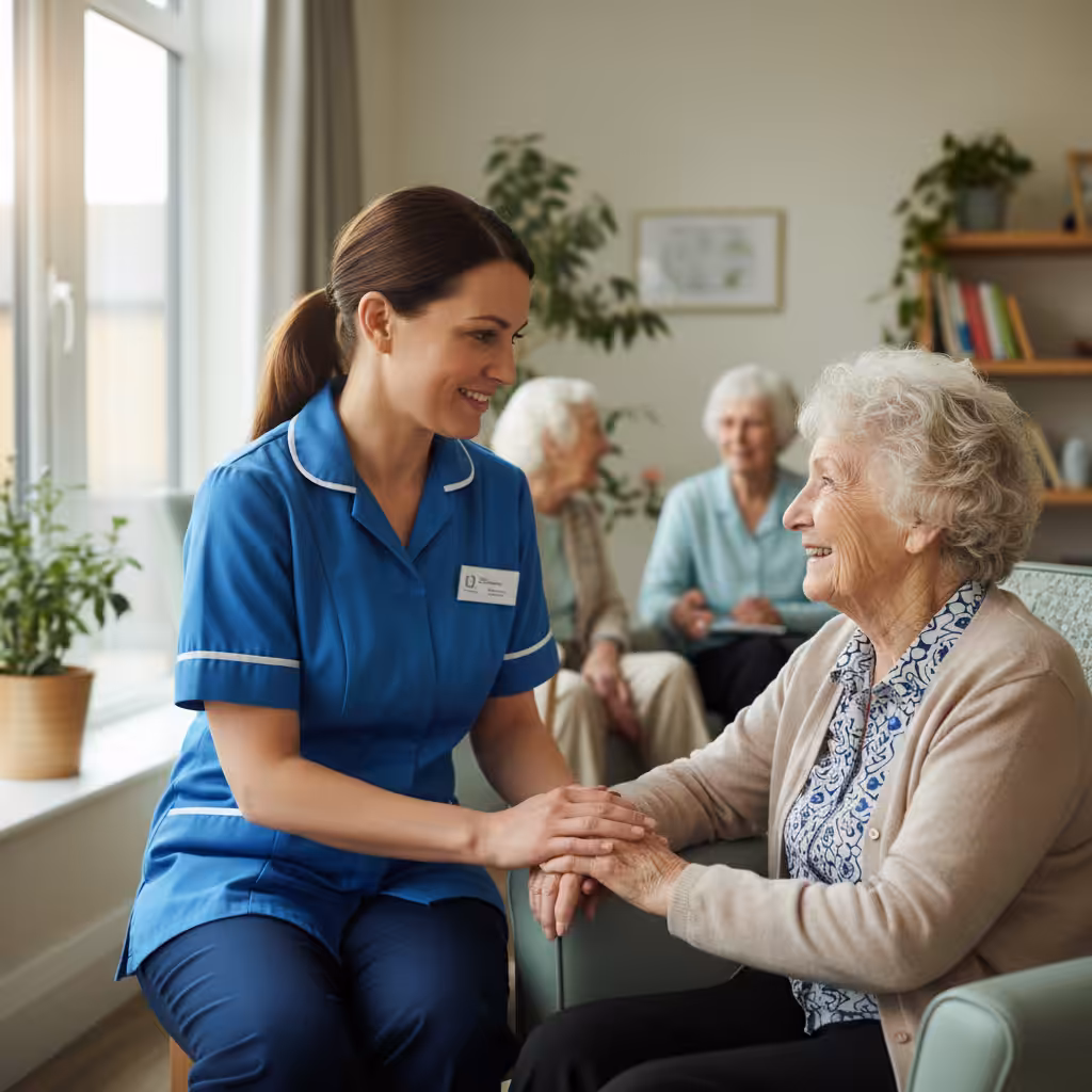 A care worker holding an elderly woman's hand, showing compassion.