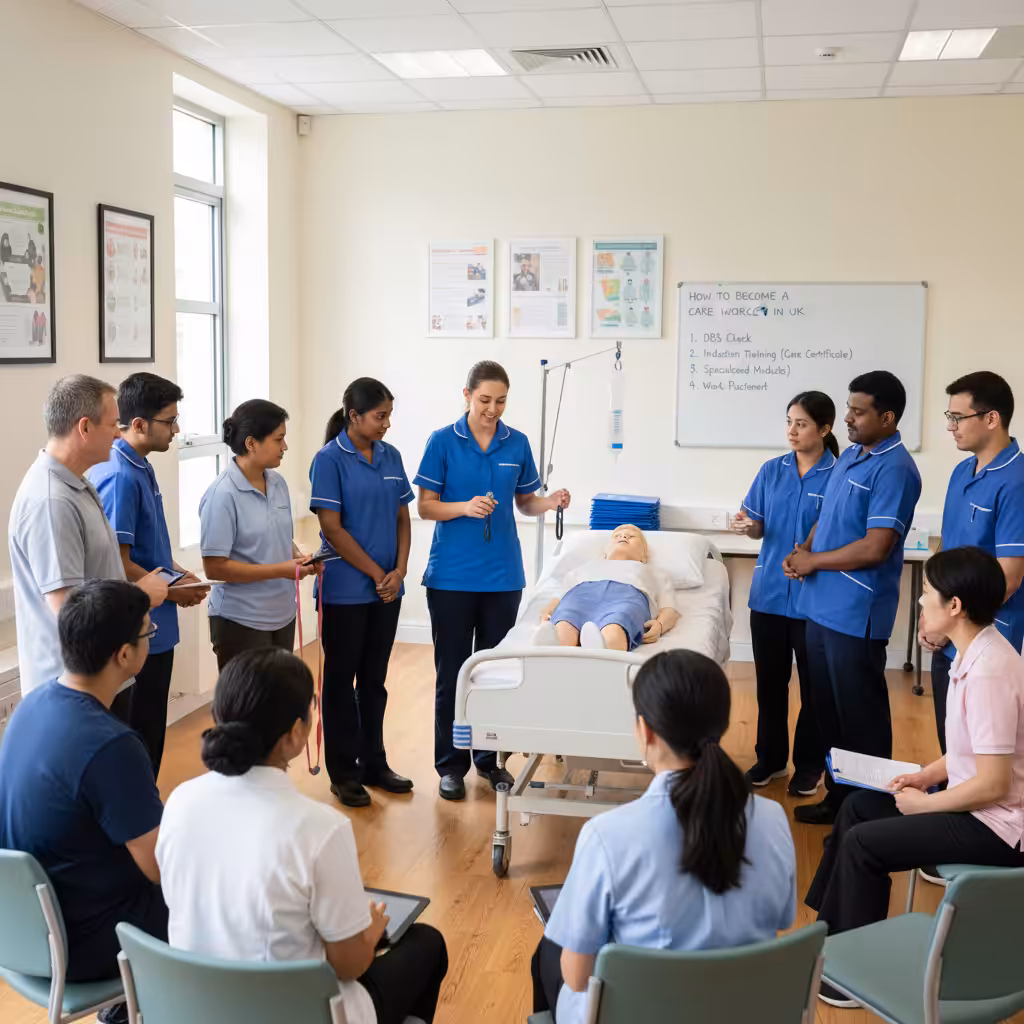 Care worker trainees learning practical skills in a training room.