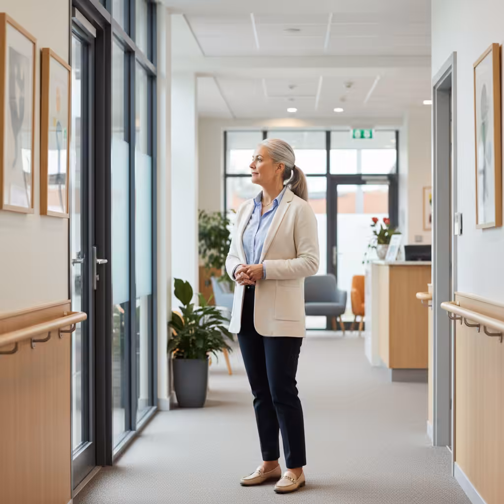 A professional care worker looking ahead, representing career progression.