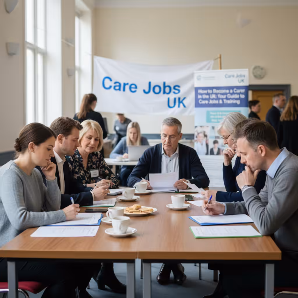 People looking at job application forms and information about care jobs in the UK.