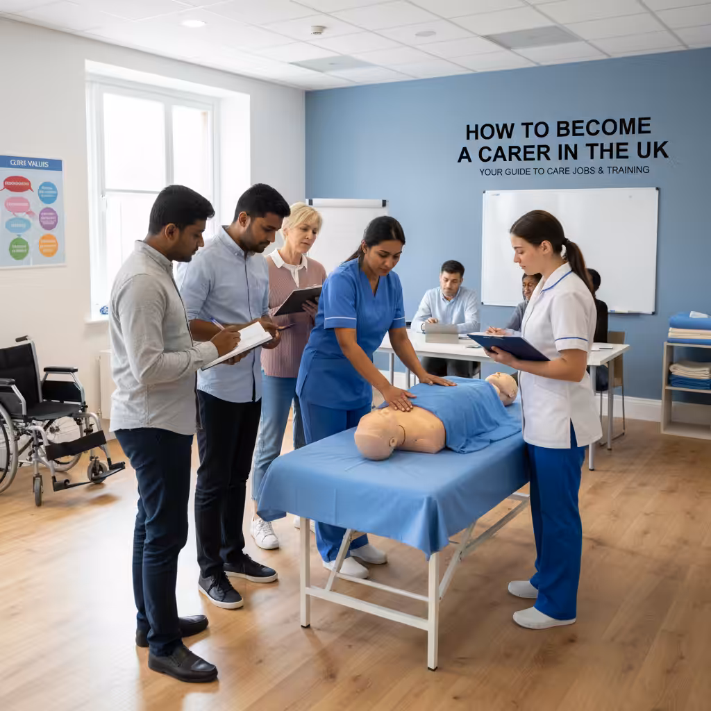Adults learning practical care skills in a training session, with an instructor demonstrating a technique.