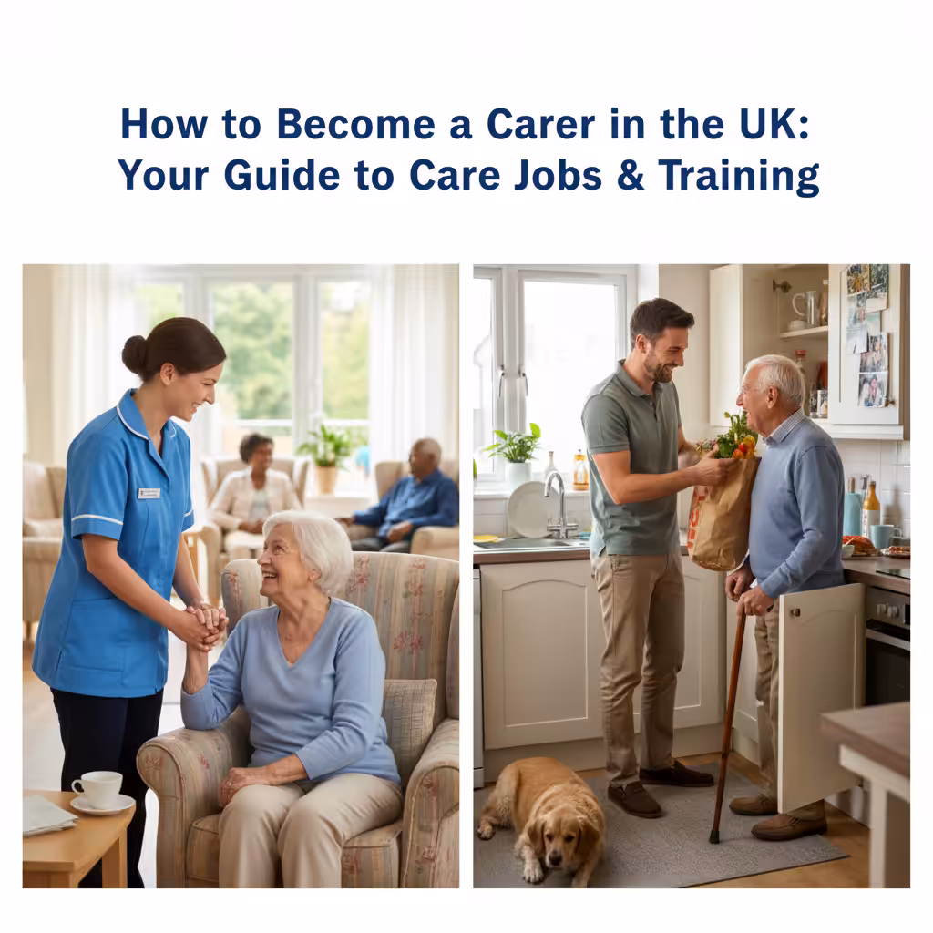 A split image showing a carer assisting an elderly person in a care home and another carer helping a client in their own home.