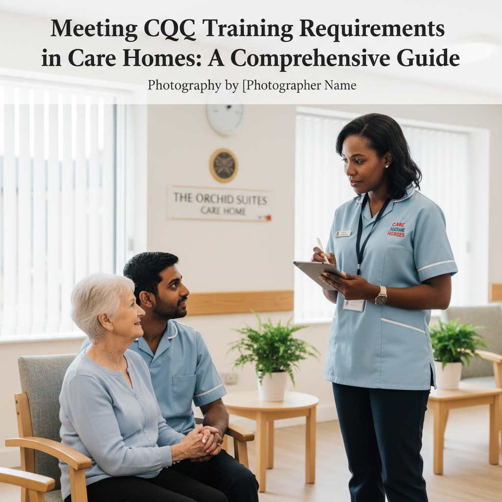 A CQC inspector observing a care home staff member assisting an elderly resident.