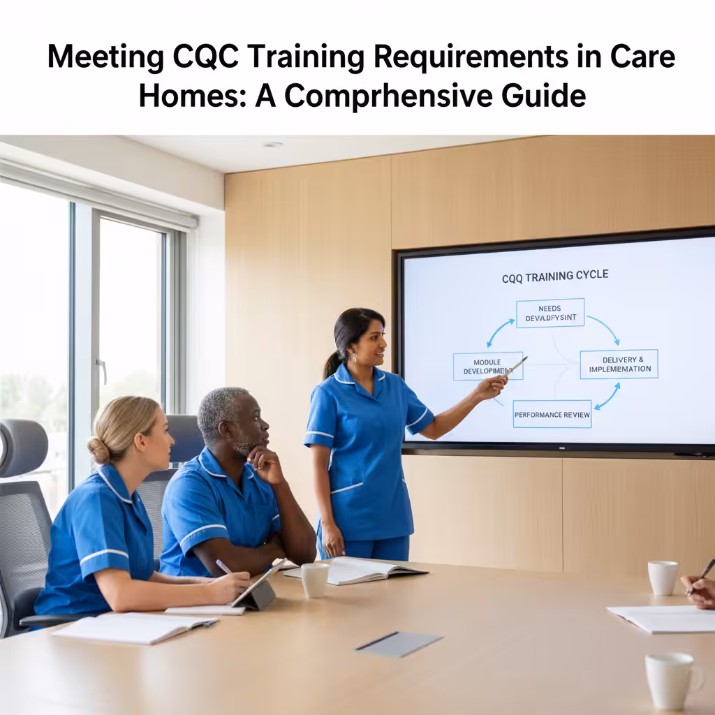 Care home staff collaborating in a training session, discussing core pillars of CQC compliant training.