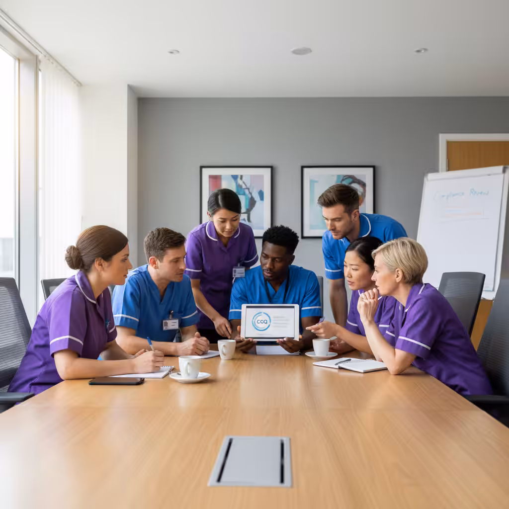 Care professionals reviewing UK care training regulations in a meeting.