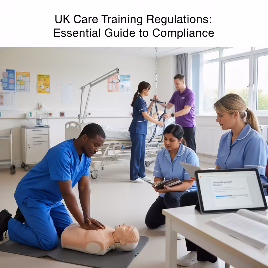 Care staff participating in various mandatory training sessions, including first aid and moving and handling.