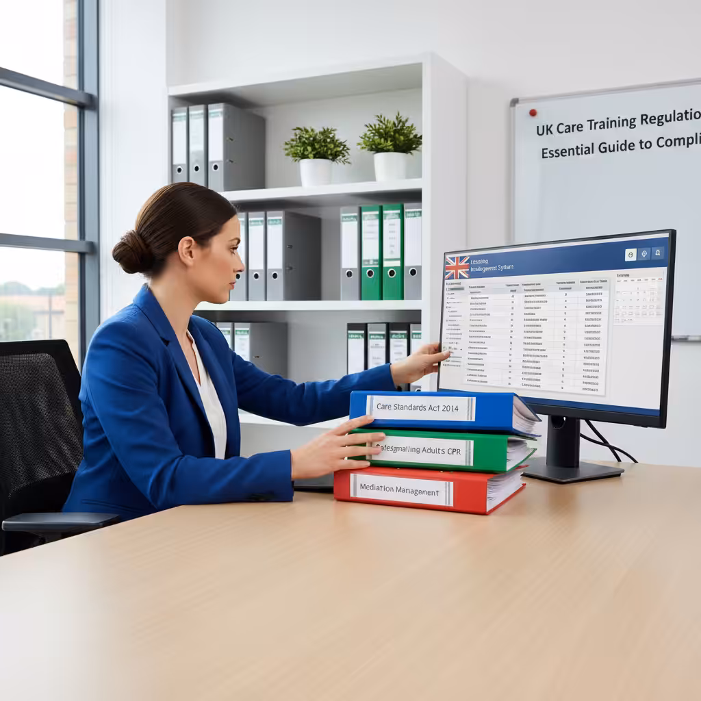 An administrator organizing digital and physical training records in a care office.