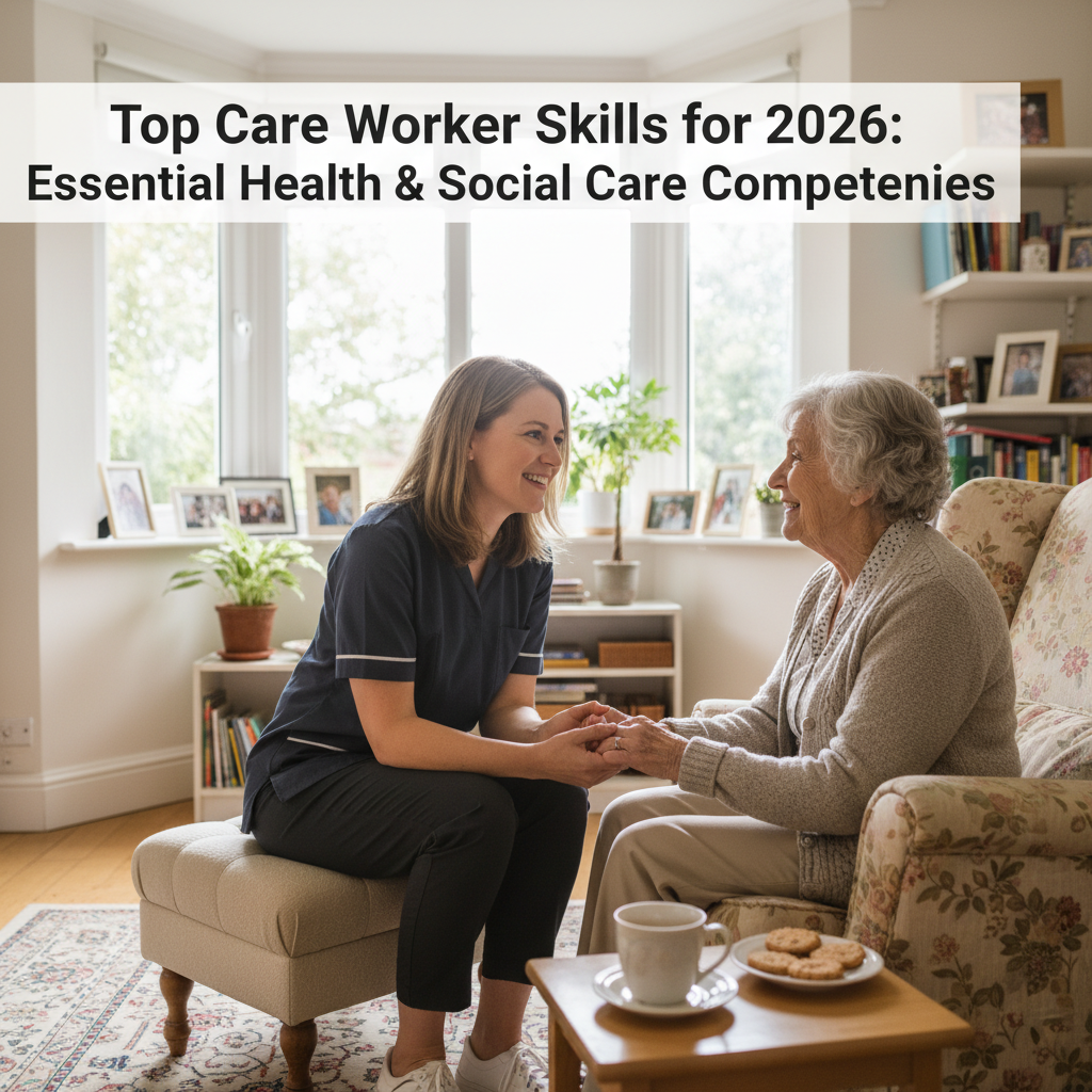A care worker listening attentively to an elderly woman in a living room.
