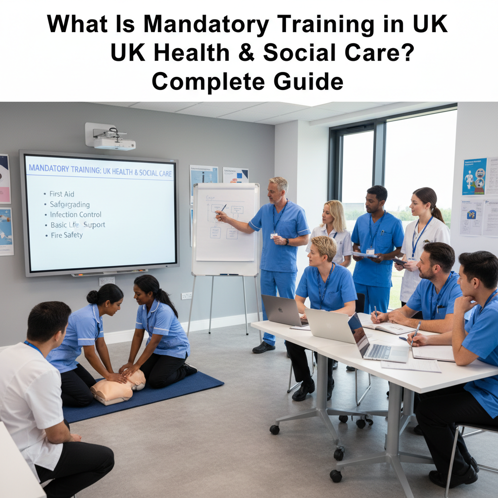 Healthcare professionals participating in a training session, discussing core subjects like first aid and safeguarding.