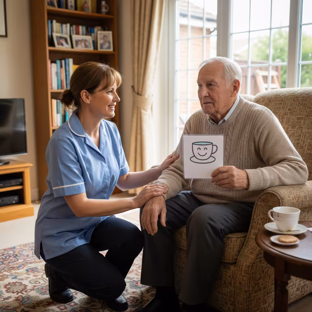 Support worker assisting an elderly man with dementia in his home.