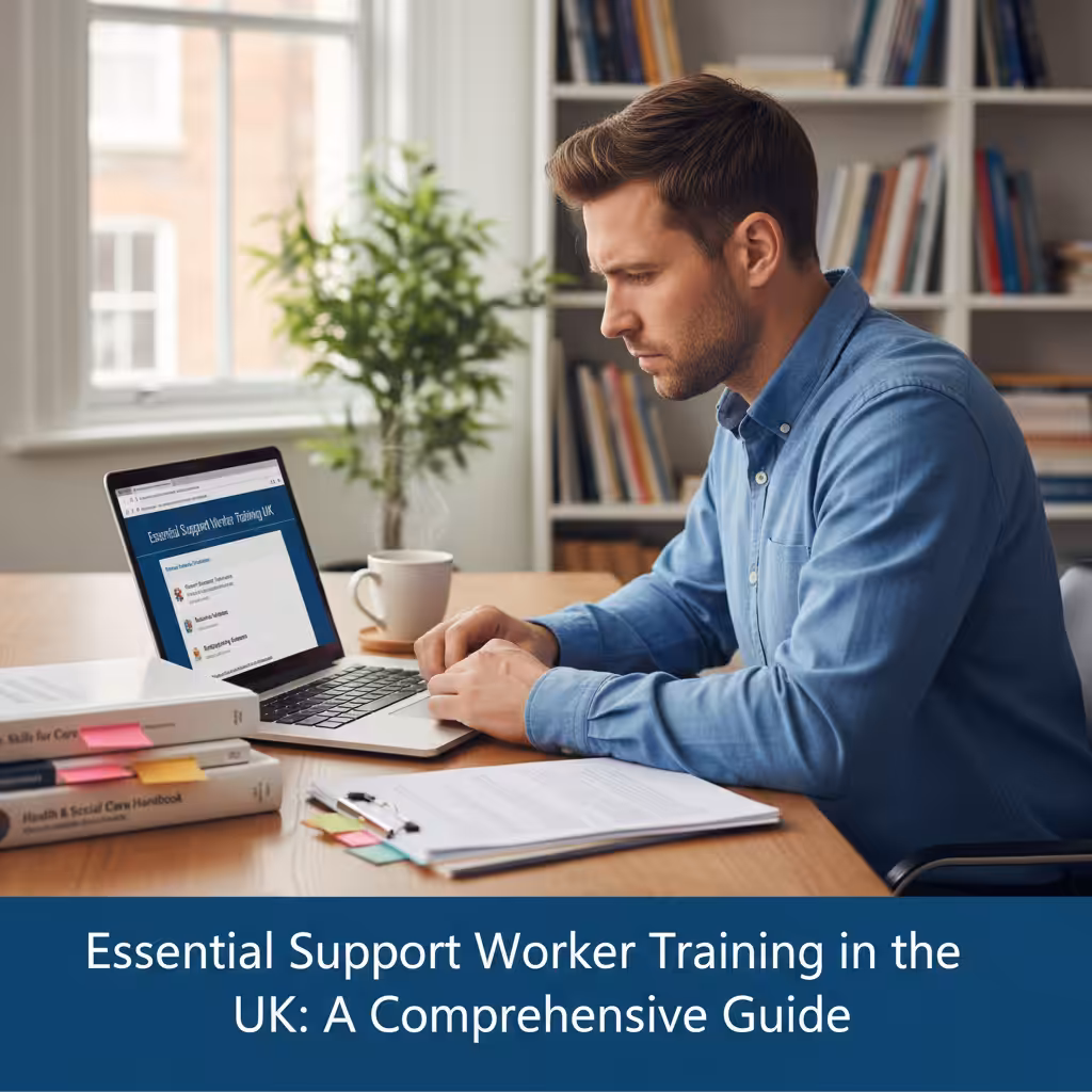 A support worker studying online for continuing professional development.