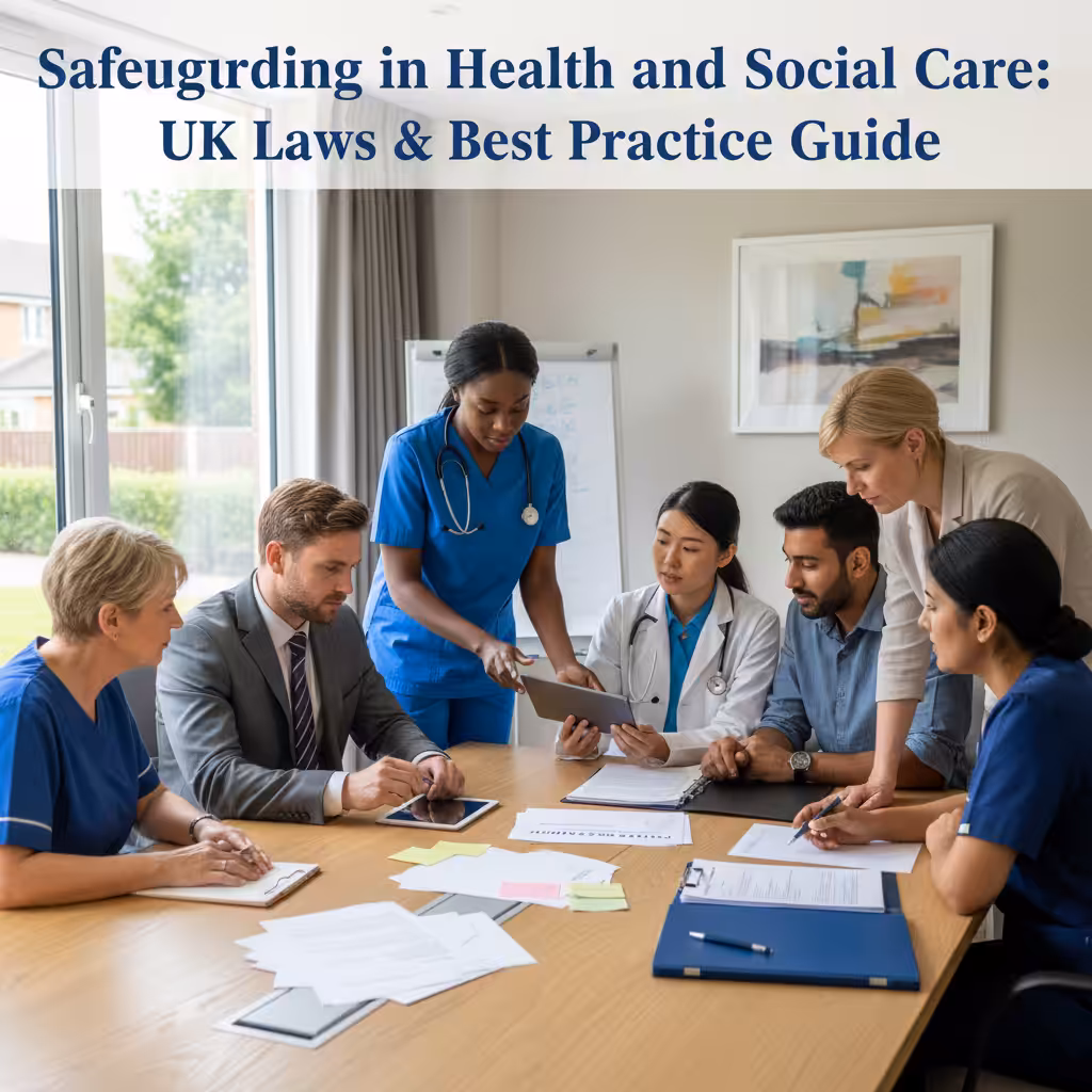 Healthcare professionals discussing safeguarding procedures in a care setting.