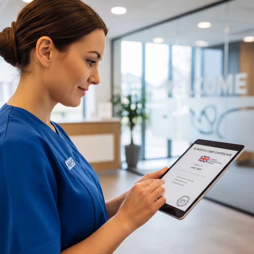 A care professional looking at an accredited online course certificate on a tablet.