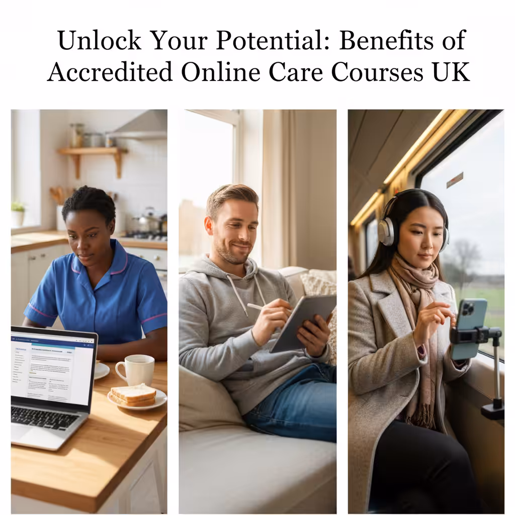 Care professionals studying online courses on laptops and tablets in various flexible settings.