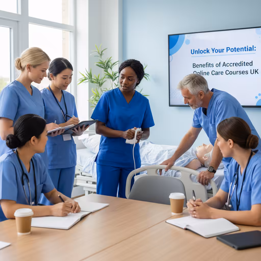 A group of care professionals participating in a training session, discussing and learning new skills.