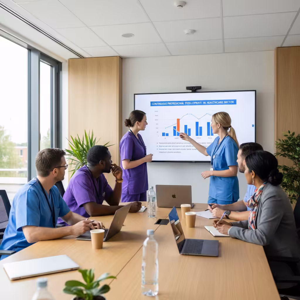 A diverse group of health and social care professionals learning collaboratively in a training room.