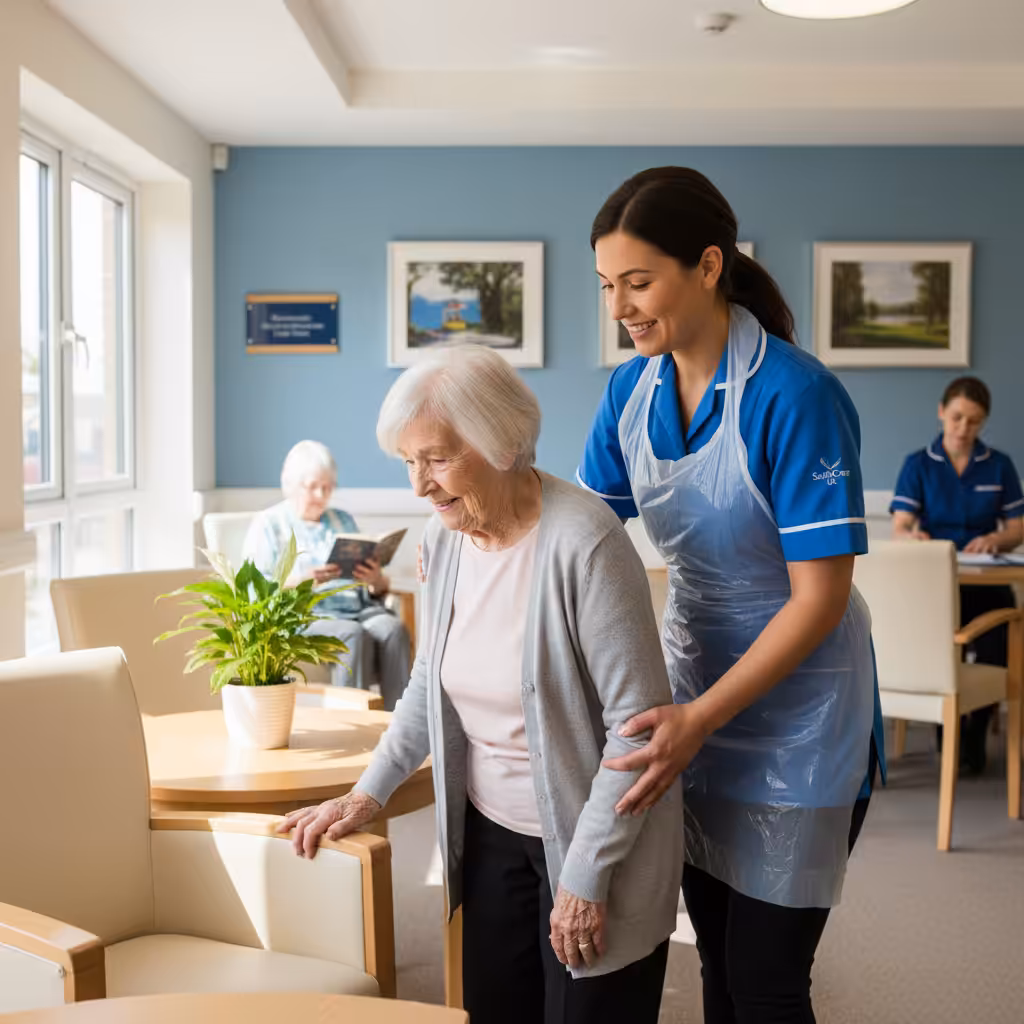 A care worker helping an elderly person in a care home.