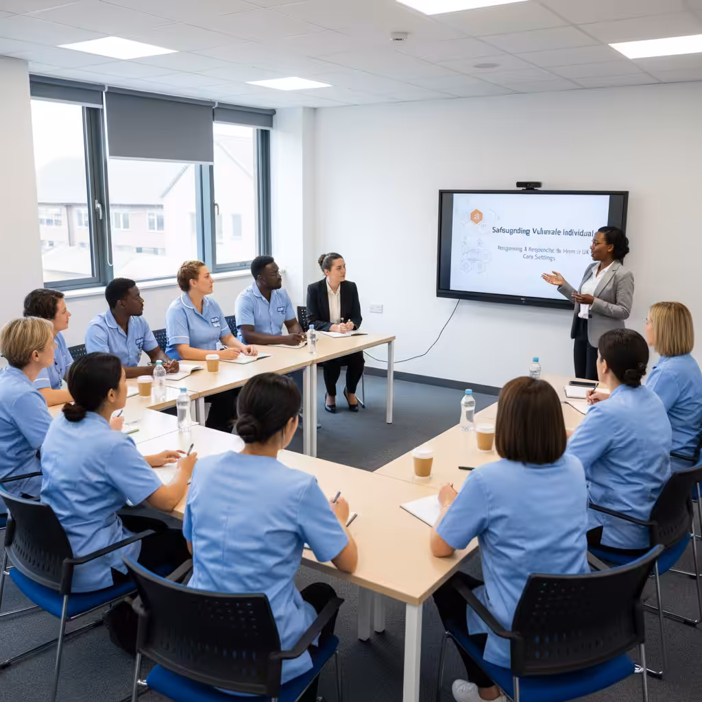 A group of diverse care professionals attending a safeguarding training session.