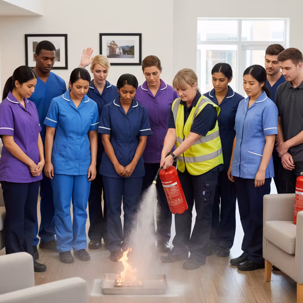 Care professionals in a UK care home learning fire safety with an instructor.