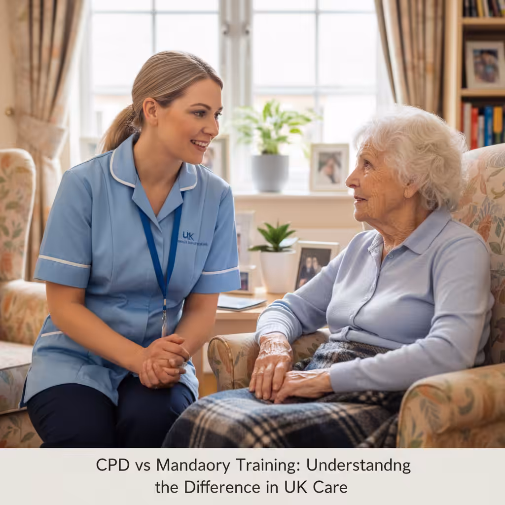 A care worker talking to an elderly resident, showing empathy and safeguarding practices.