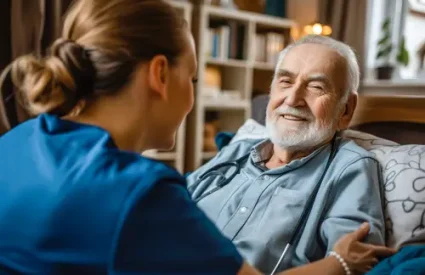 Happy nurse taking care of senior man sitting in armchair at home